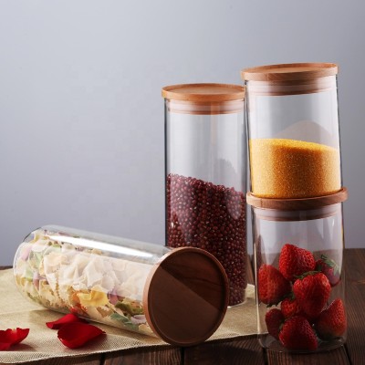 Home Use Glass Kitchen Canisters Bamboo Lids Clear Glass Food Storage Jar