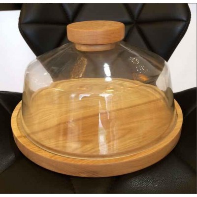 BPA-free Clear Glass Cake Cover/Cake Dome with White Ash Wood Plate - D33cm * H25cm